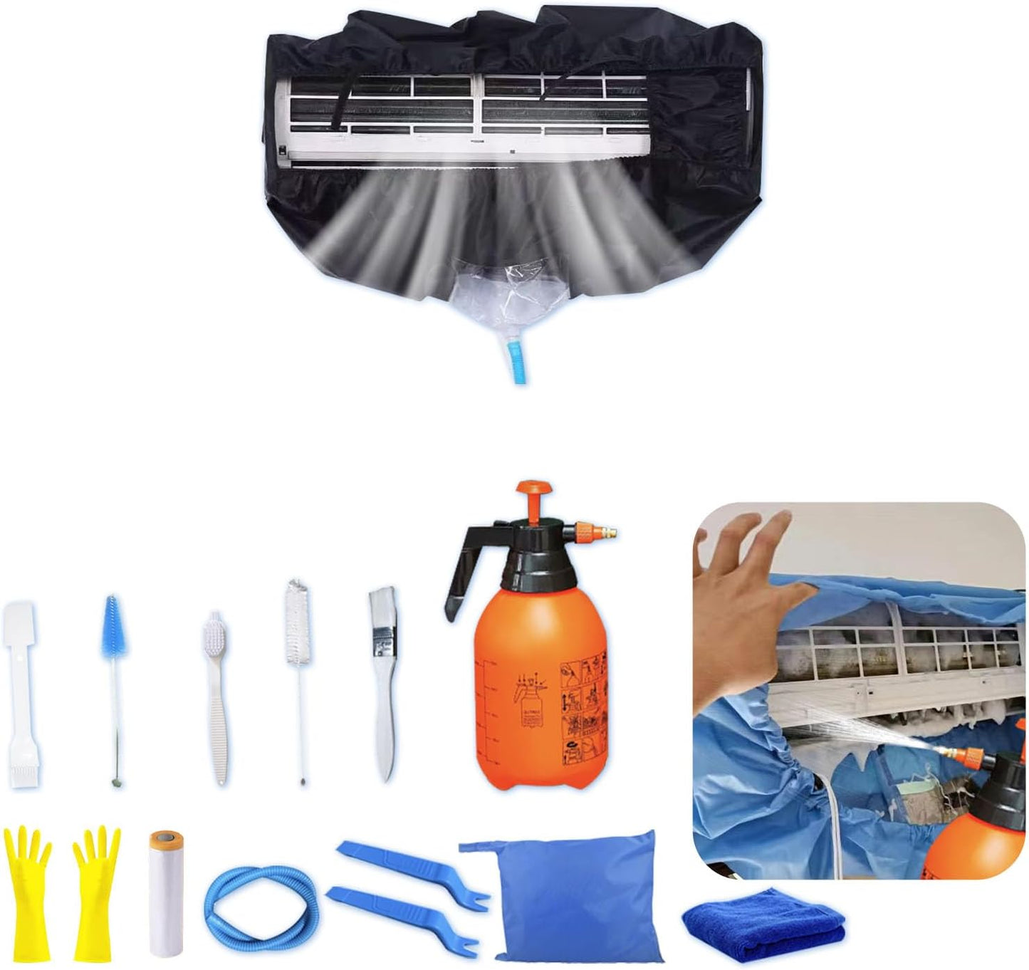Kit Nettoyage Climatiseur Mural,Kit Nettoyage Climatisation Split,Nettoyage Climatisation Split,Bâche Nettoyage Clim(15 Pièces, Bleu Foncé, Taille Moyenne : 68-98 Cm/27,55-39,37 Pouces)