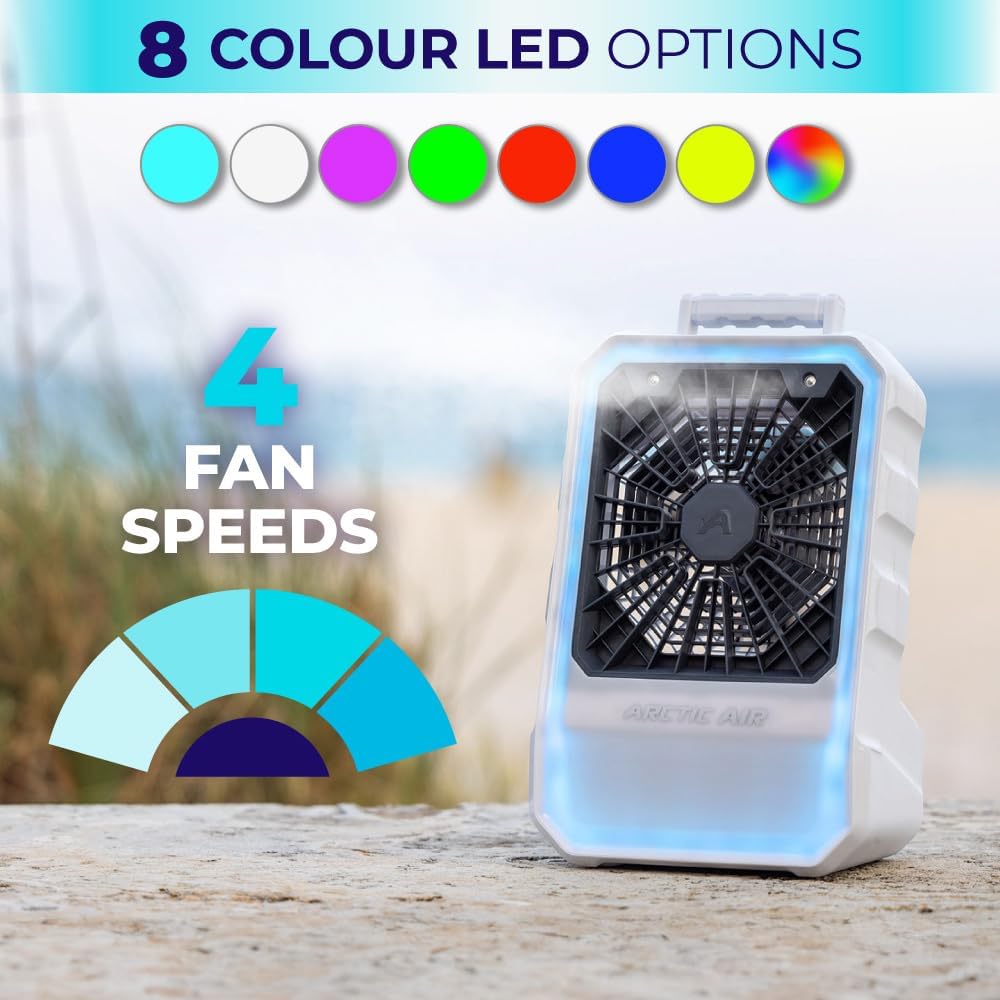 Arctic Air Refroidisseur évaporatif Pour Extérieur, Portable Et Ultra Silencieux Avec 4 Vitesses De Ventilateur, Rechargeable Par USB, Batterie De 6 Heures, Idéal Pour La Plage, La Piscine, La