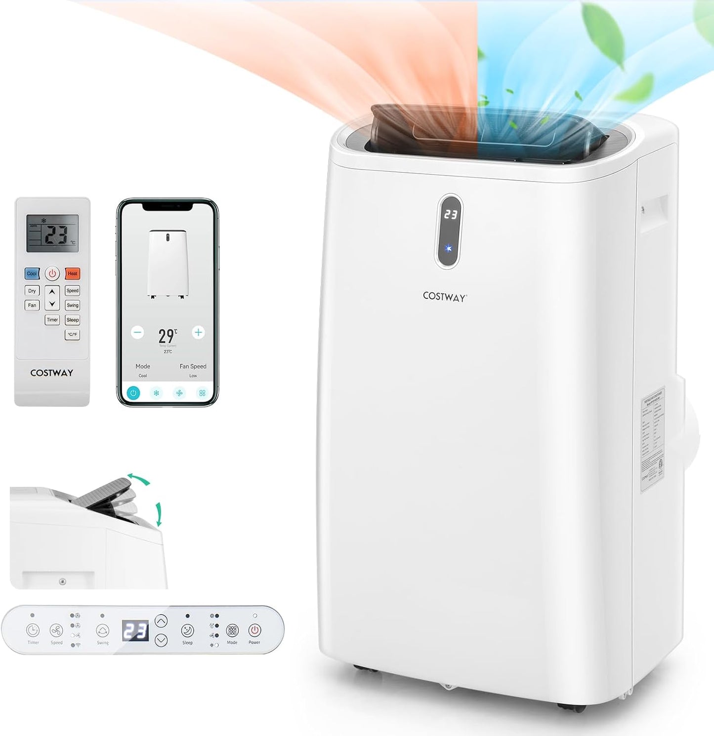 COSTWAY Climatiseur Mobile Silencieux 5 EN 1, Clim 14000BTU Refroidissement Rapide,Chauffage,Ventilateur,Déshumidificateur,Mode Nuit, Climatisation Faible Conso,Wifi