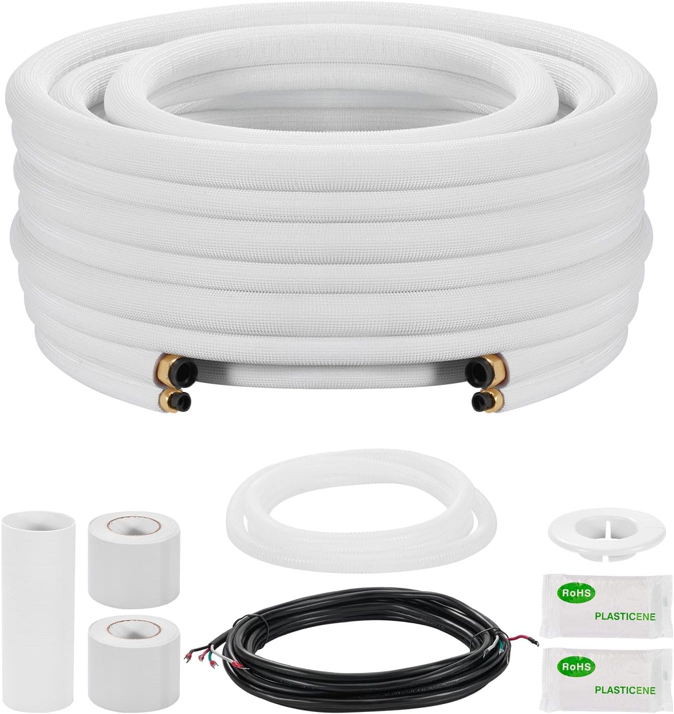 VEVOR Kit Liaison Frigorifique Tuyau En Cuivre Mini-split 9,5 Mm 15,9 Mm Diamètre Extérieur, 15,2 M Longueur, Bobine Isolée PE Blanc Épais 9,5 Mm Avec Écrous, Raccords, Pour Mini Climatiseurs Split