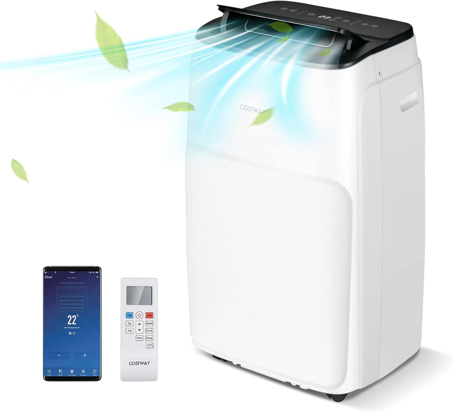  COSTWAY Climatiseur Mobile Silencieux 5 EN 1, Clim 14000BTU Refroidissement Rapide,Chauffage,Ventilateur,Déshumidificateur,Mode Nuit, Climatisation Faible Conso,Wifi