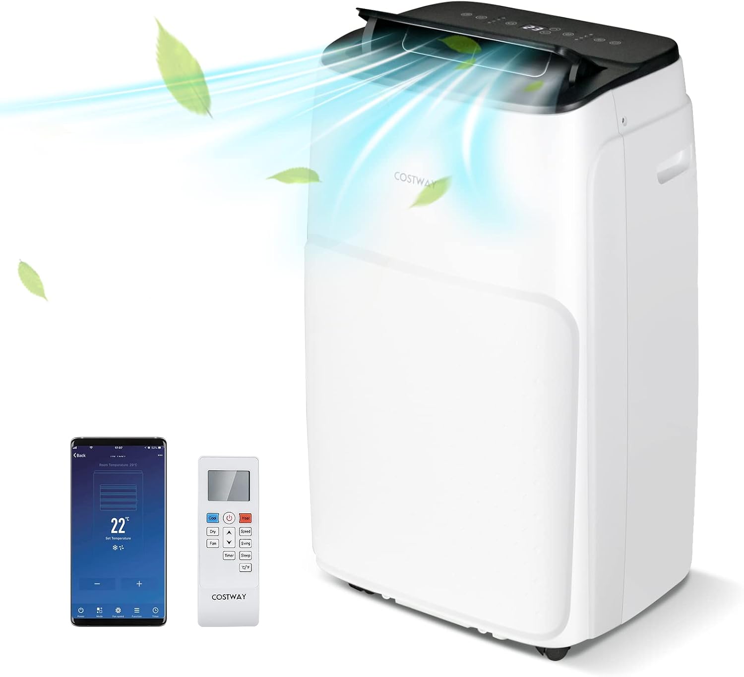  COSTWAY Climatiseur Mobile Silencieux 5 EN 1, Clim 14000BTU Refroidissement Rapide,Chauffage,Ventilateur,Déshumidificateur,Mode Nuit, Climatisation Faible Conso,Wifi