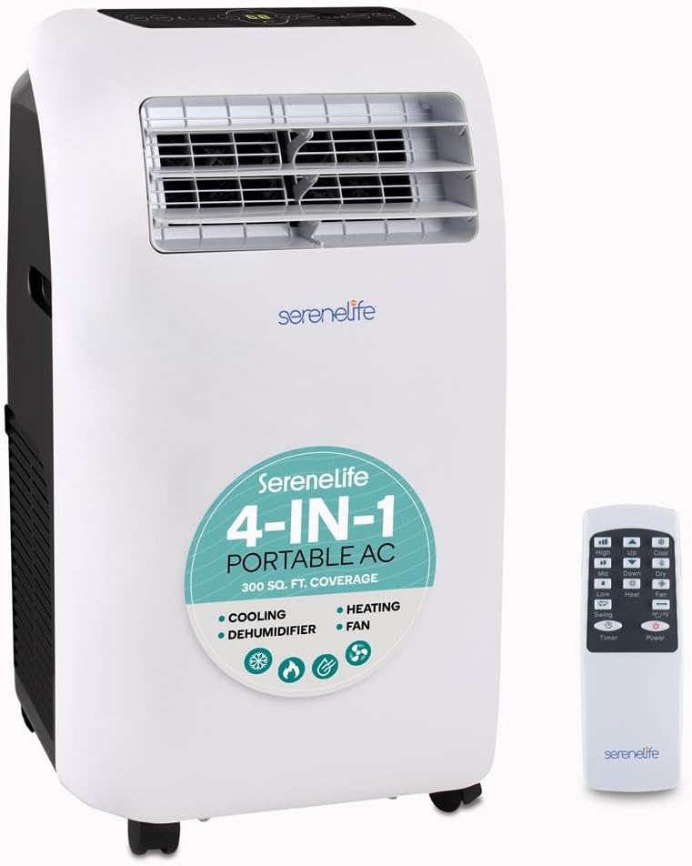  SereneLife Climatiseur Mobile 4 En 1 : Refroidisseur D'air, Ventilateur, Déshumidificateur + Chauffage - Climatiseur Portable Avec Tuyau D'évacuation, Télécommande & Kit Pour Pièces Jusqu'à 42 M²