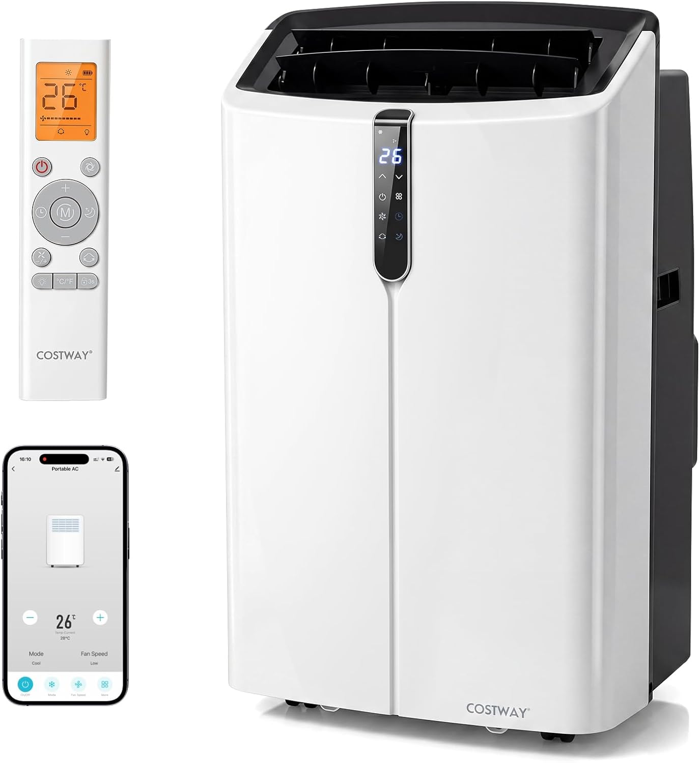  COSTWAY Climatiseur Mobile Silencieux 5 EN 1, Clim 14000BTU Refroidissement Rapide,Chauffage,Ventilateur,Déshumidificateur,Mode Nuit, Climatisation Faible Conso,Wifi