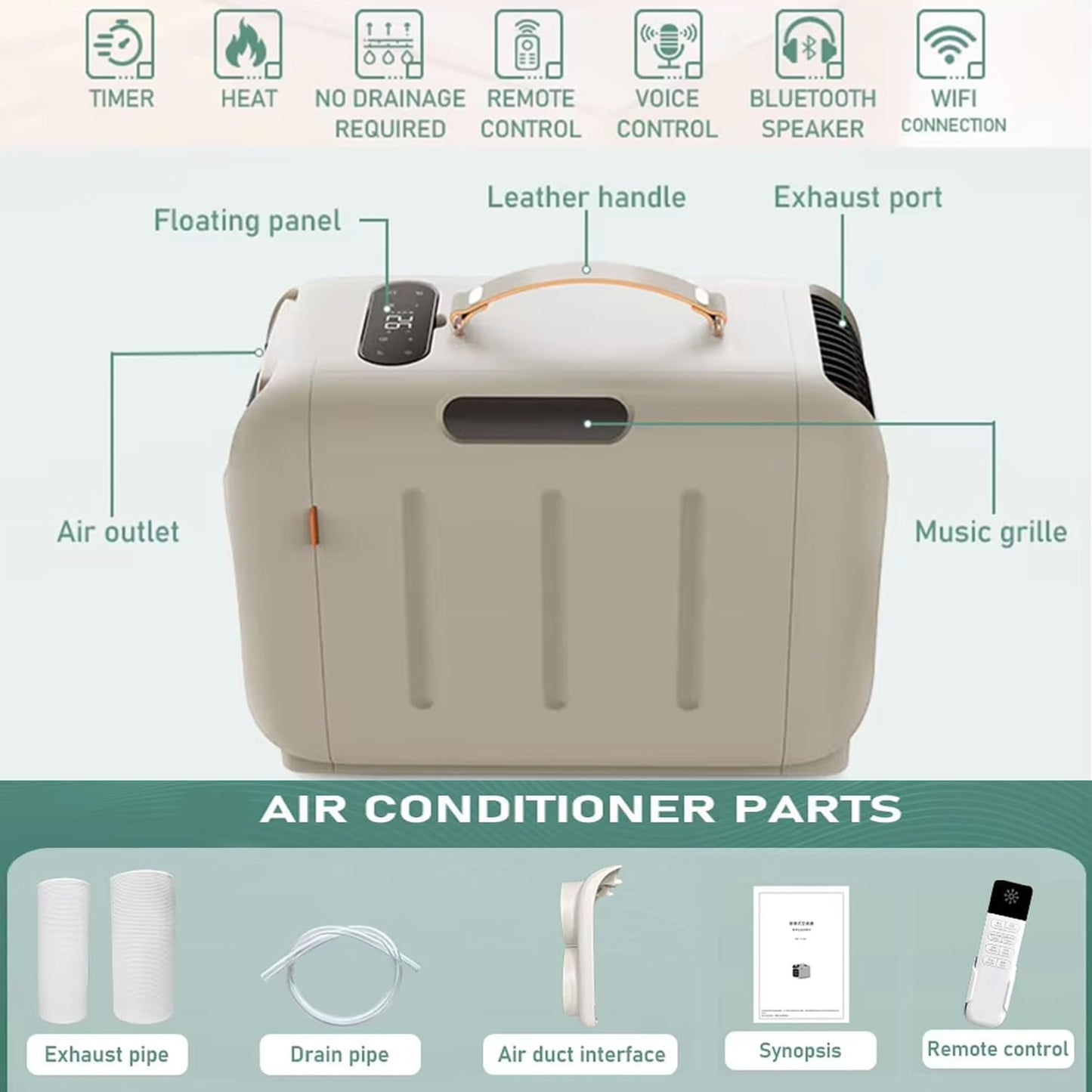  Climatiseur Portable 4800BTU, Silencieux ≤40dB, Refroidissement & Chauffage 16-32°C, Compresseur Intégré,Coque ABS Durable, Pour Tente Camping-Car Caravane Fourgon Cooling&Heating
