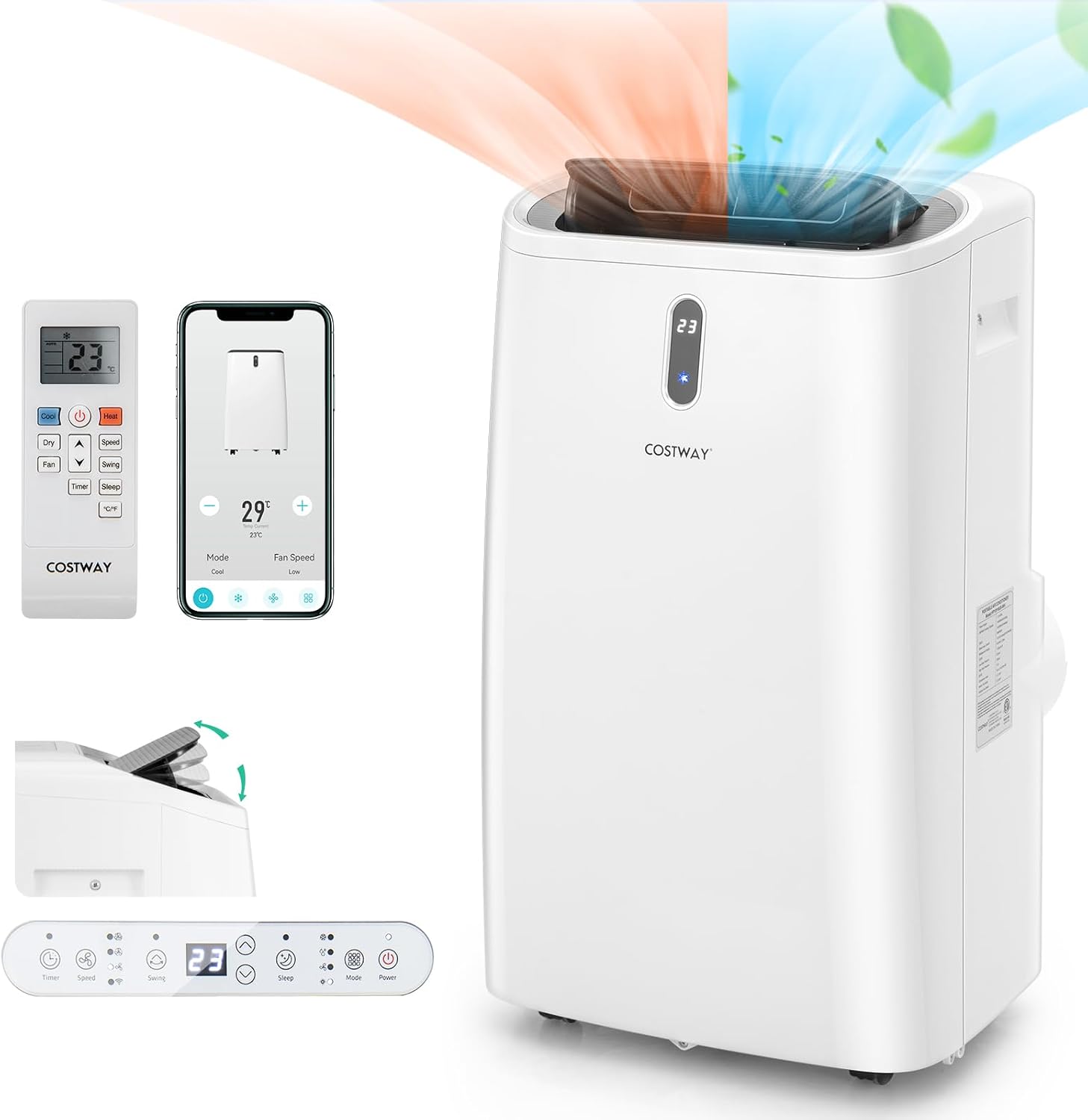  COSTWAY Climatiseur Mobile Silencieux 5 EN 1, Clim 14000BTU Refroidissement Rapide,Chauffage,Ventilateur,Déshumidificateur,Mode Nuit, Climatisation Faible Conso,Wifi