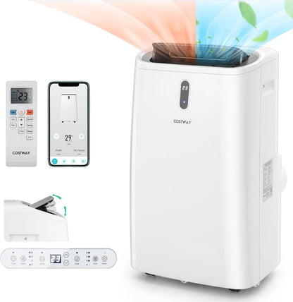  COSTWAY Climatiseur Mobile Silencieux 5 EN 1, Clim 14000BTU Refroidissement Rapide,Chauffage,Ventilateur,Déshumidificateur,Mode Nuit, Climatisation Faible Conso,Wifi