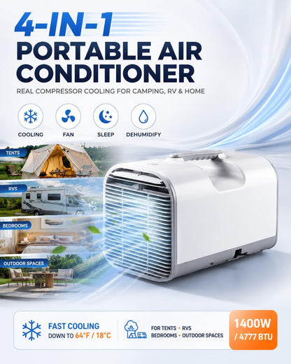  Tente Portable 4 En 1 AC, 4777 BTU Unité De Refroidissement Avec Ventilateur, Déshumidificateur.Puissance AC/DC Pour VRs, Vans, Camping.Contrôle Intelligent De L'application, Conception à Faible Bruit