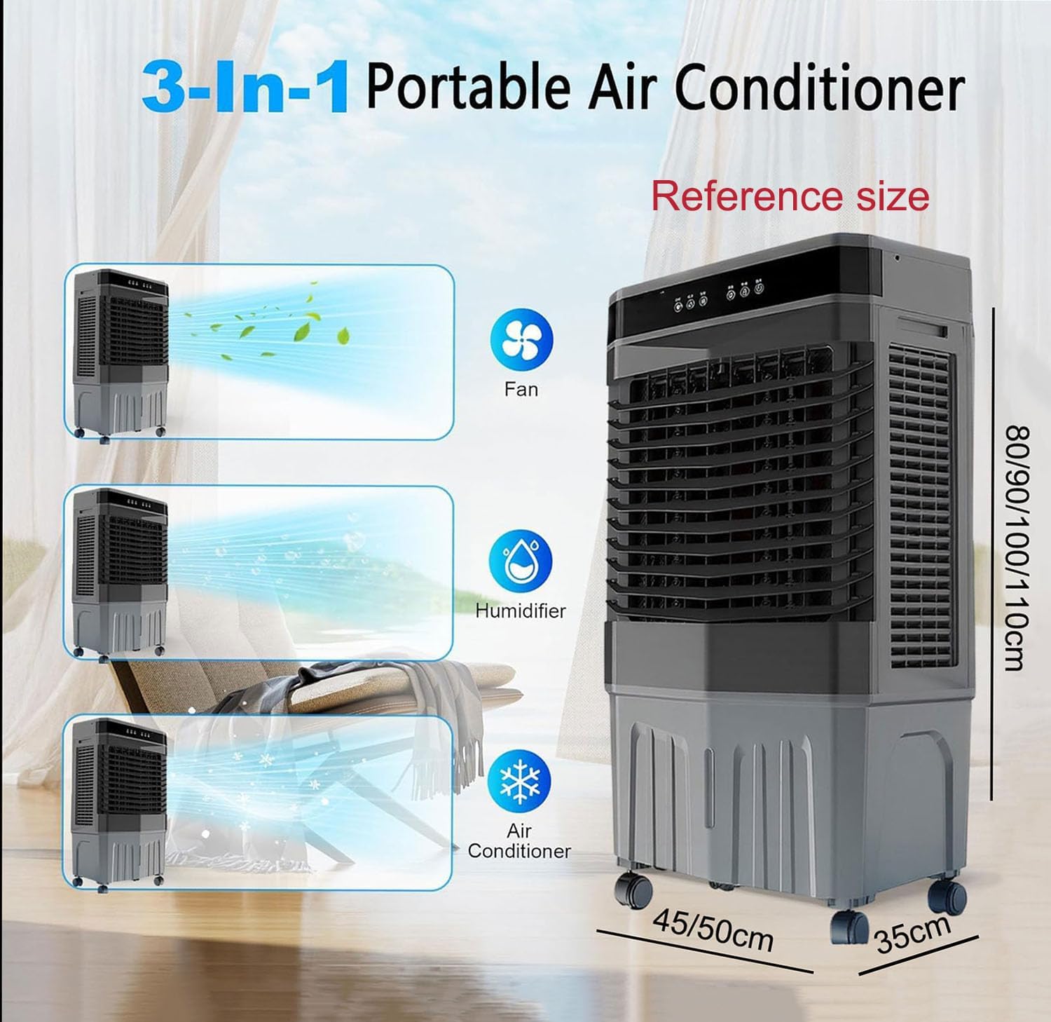 GENERIC Refroidisseur D'air De Refroidissement 4D, 3 Vitesses Et Humidificateur, 12H Minuterie, 120 Oscillation, Grand Réservoir Pour La Maison De Bureau De Chambre, Fonctionnement Silencieux Avec Télécommand