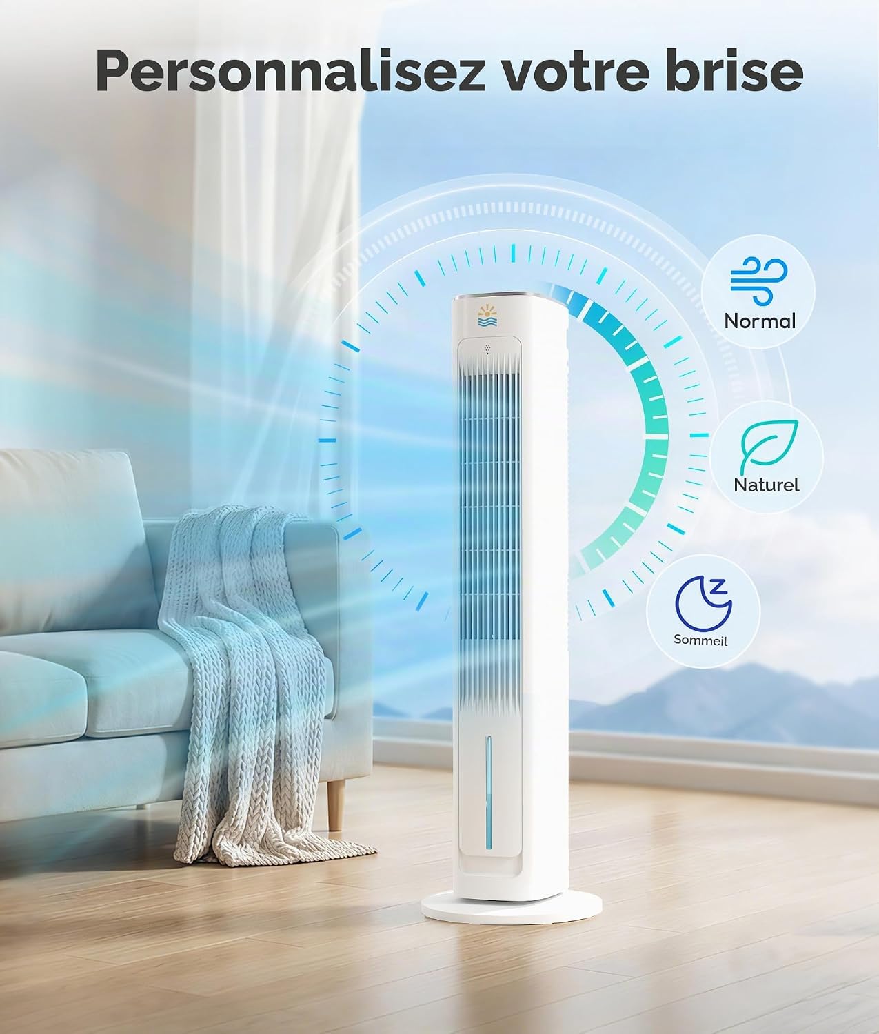  Refroidisseur D'air évaporatif Portable, Ventilateurs De Refroidissement 3 En 1 Soufflant De L'air Froid Avec Réservoir D'eau De 3 L, Ventilateur Tour De 96,5 Cm Pour Chambre à Coucher