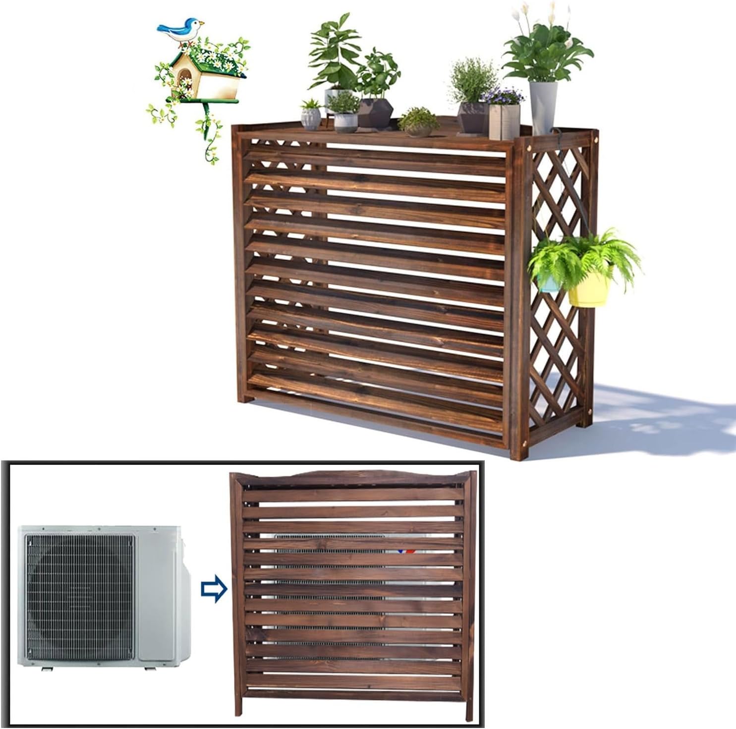 GENERIC Housse En Bois Pour Climatiseur – Clôture à Persiennes D'extérieur Avec Stores En Bois Massif Et Support De Fleurs 4 (taille XL : L 120 X L 57 X H)