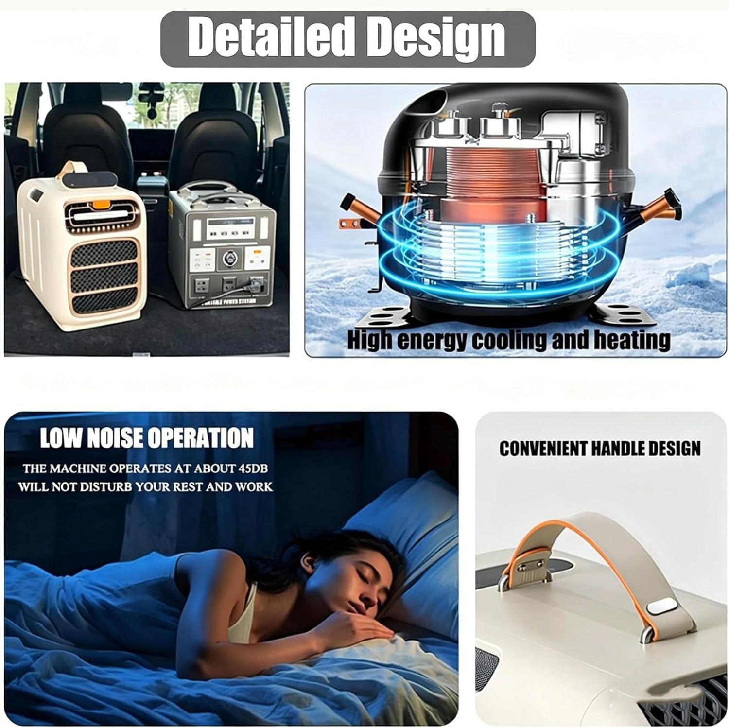  Climatiseur Portable 4800BTU, Silencieux ≤40dB, Refroidissement & Chauffage 16-32°C, Compresseur Intégré,Coque ABS Durable, Pour Tente Camping-Car Caravane Fourgon Cooling&Heating
