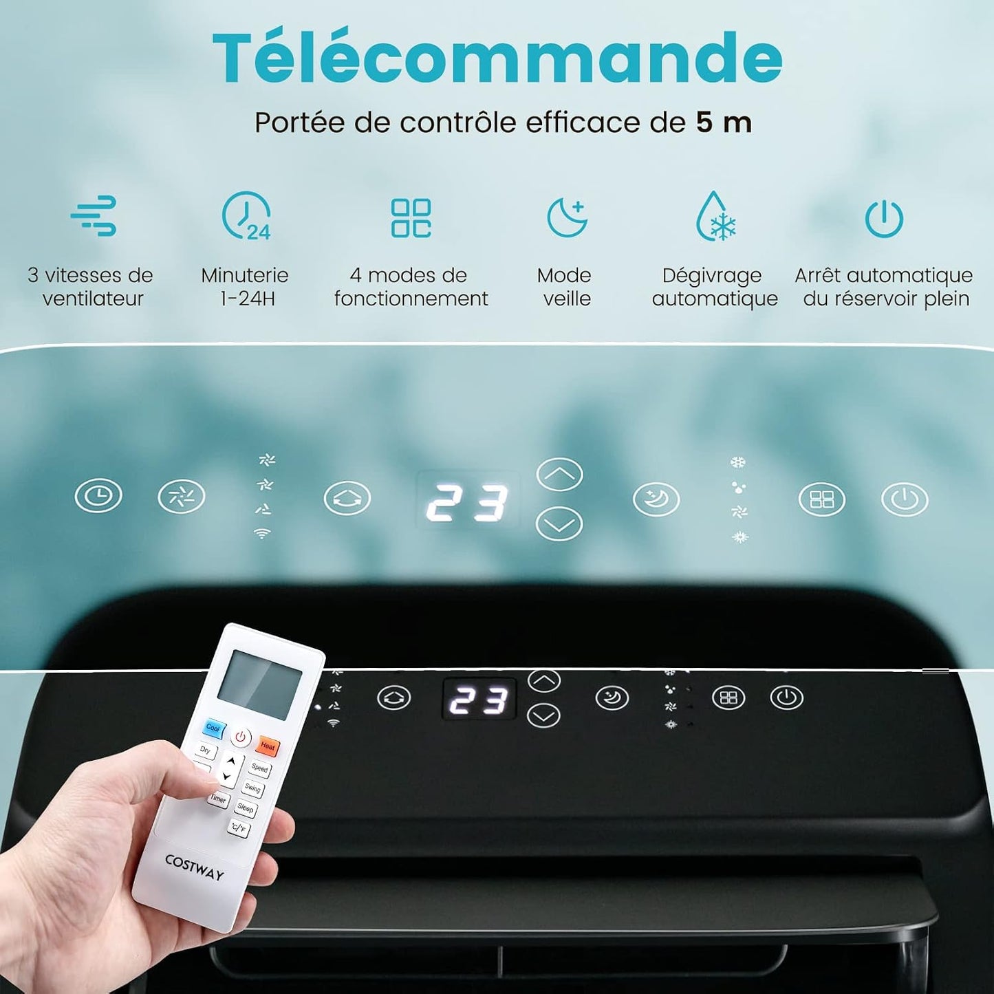  COSTWAY Climatiseur Mobile Silencieux 5 EN 1, Clim 14000BTU Refroidissement Rapide,Chauffage,Ventilateur,Déshumidificateur,Mode Nuit, Climatisation Faible Conso,Wifi