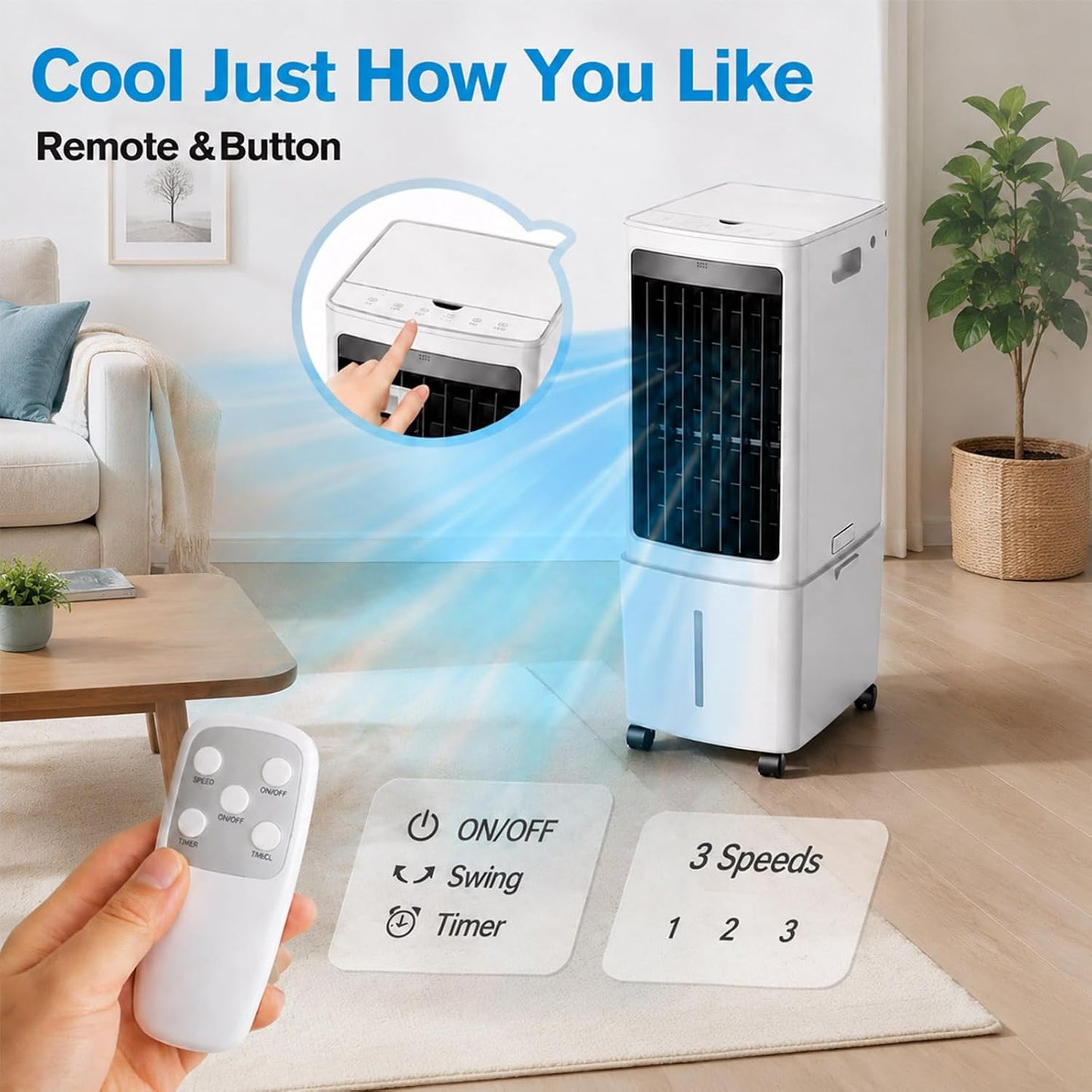  Refroidisseur D'air évaporatif, Ventilateur De Refroidissement De Réservoir D'eau Amovible De 12L Avec Minuterie 7.5H, Unité De Climatisation à Télécommande Approprié Pour Le Salon, Garage, Chambre à