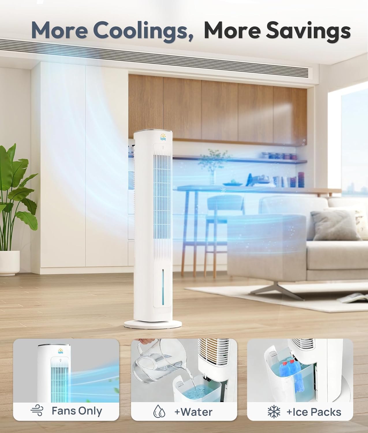  Refroidisseur D'air évaporatif Portable, Ventilateurs De Refroidissement 3 En 1 Soufflant De L'air Froid Avec Réservoir D'eau De 3 L, Ventilateur Tour De 96,5 Cm Pour Chambre à Coucher