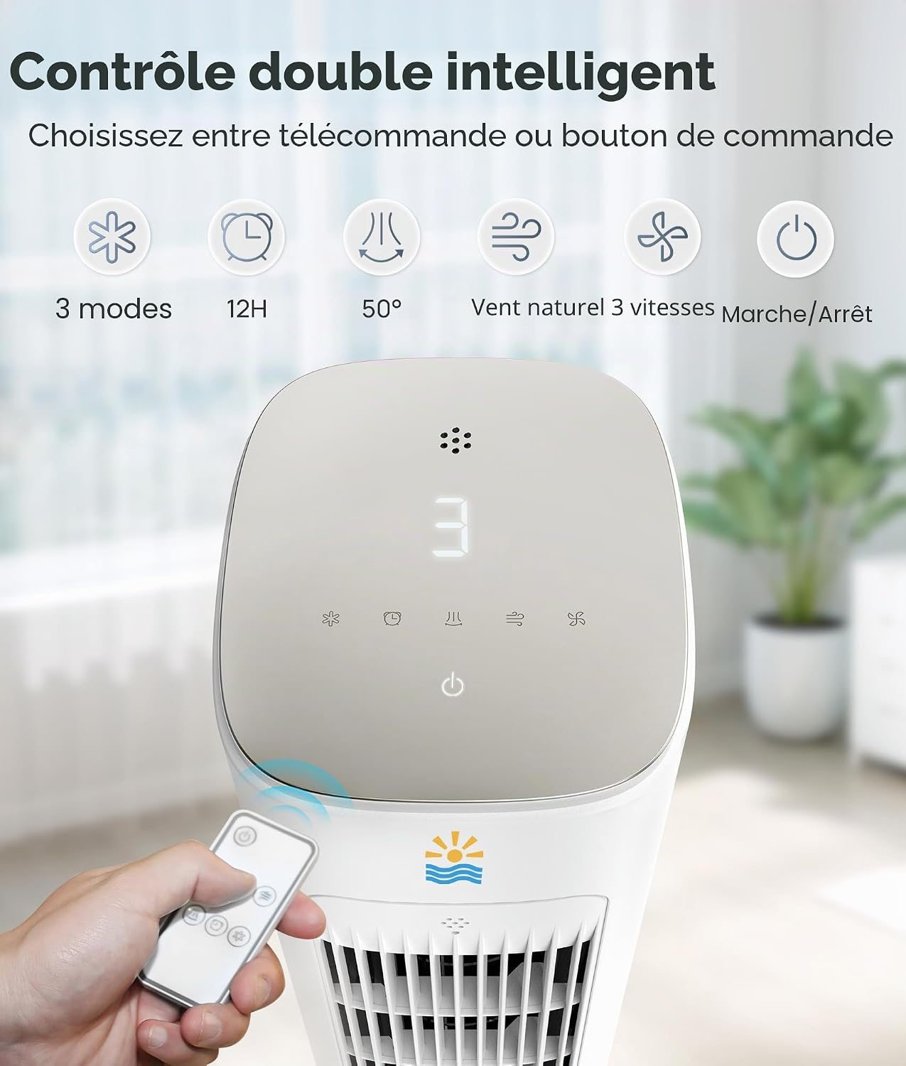  Refroidisseur D'air évaporatif Portable, Ventilateurs De Refroidissement 3 En 1 Soufflant De L'air Froid Avec Réservoir D'eau De 3 L, Ventilateur Tour De 96,5 Cm Pour Chambre à Coucher