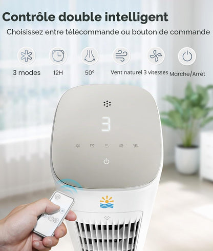  Refroidisseur D'air évaporatif Portable, Ventilateurs De Refroidissement 3 En 1 Soufflant De L'air Froid Avec Réservoir D'eau De 3 L, Ventilateur Tour De 96,5 Cm Pour Chambre à Coucher