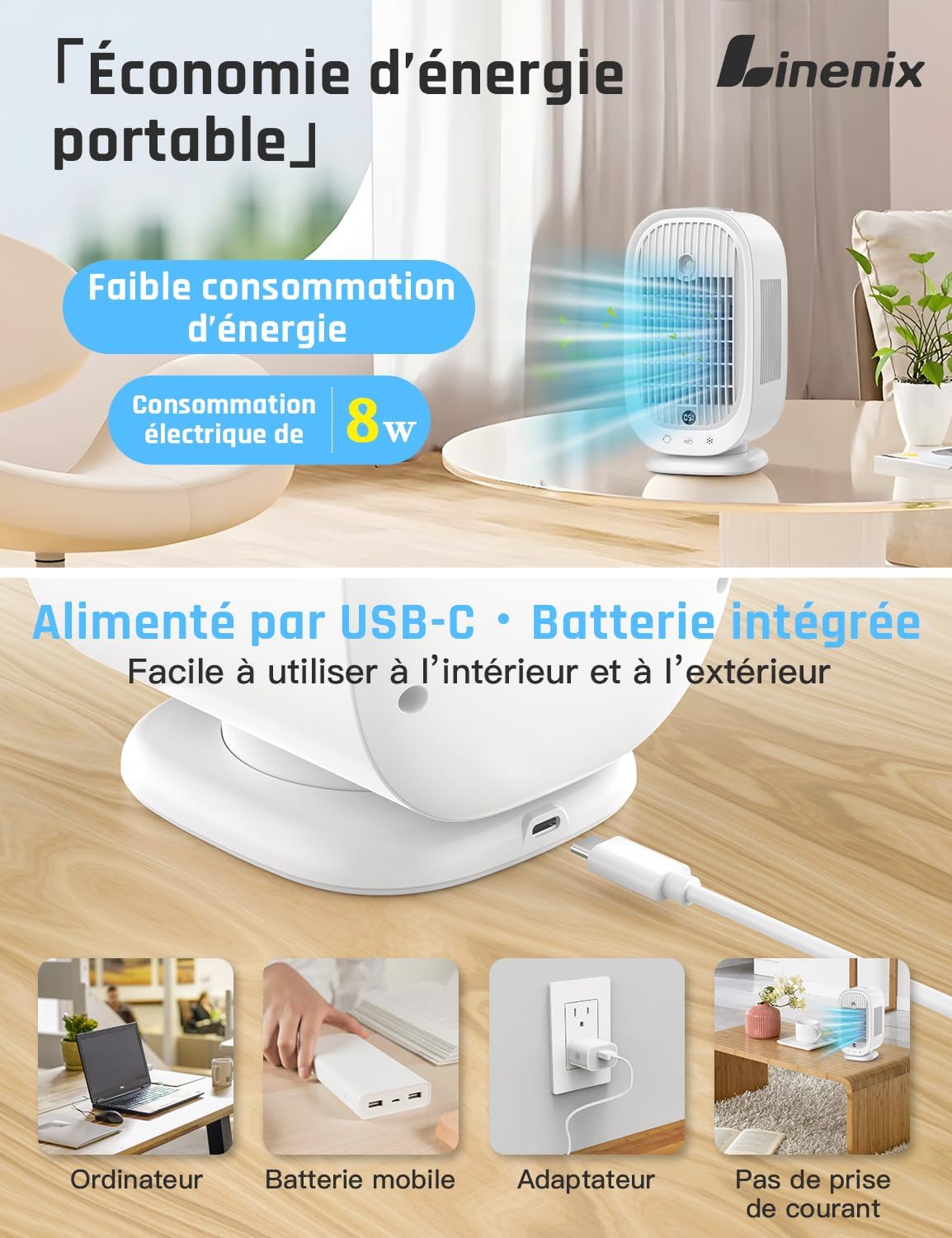  Climatiseur Mobile, Climatiseur Portable, Refroidisseur D'air 4 En 1, 45°/90°/120° Oscillation, 5 Vitesses, 2 Modes De Brume, Avec Affichage LED, Idéal Pour Maison, Bureau