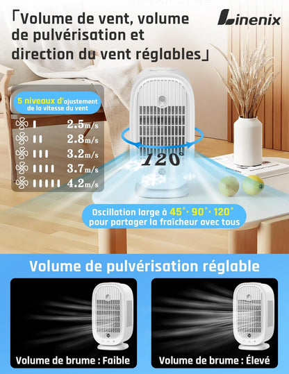  Climatiseur Mobile, Climatiseur Portable, Refroidisseur D'air 4 En 1, 45°/90°/120° Oscillation, 5 Vitesses, 2 Modes De Brume, Avec Affichage LED, Idéal Pour Maison, Bureau