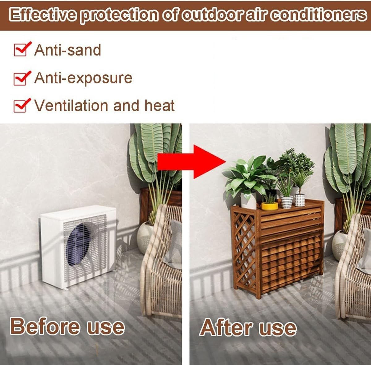 GENERIC Housse En Bois Pour Climatiseur – Clôture à Persiennes D'extérieur Avec Stores En Bois Massif Et Support De Fleurs 4 (taille XL : L 120 X L 57 X H)