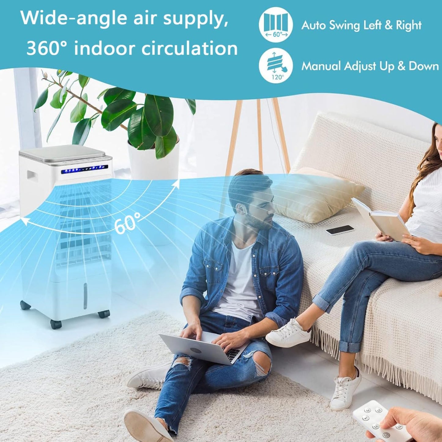 GENERIC Climatiseur Portable à évaporation Avec 3 Vitesses Et 3 Modes, Oscillation à 60°, Réservoir De 5 L, Ventilateur De Refroidissement Avec Télécommande, Sans Tuyau, Idéal Pour La Chambre Ou Le