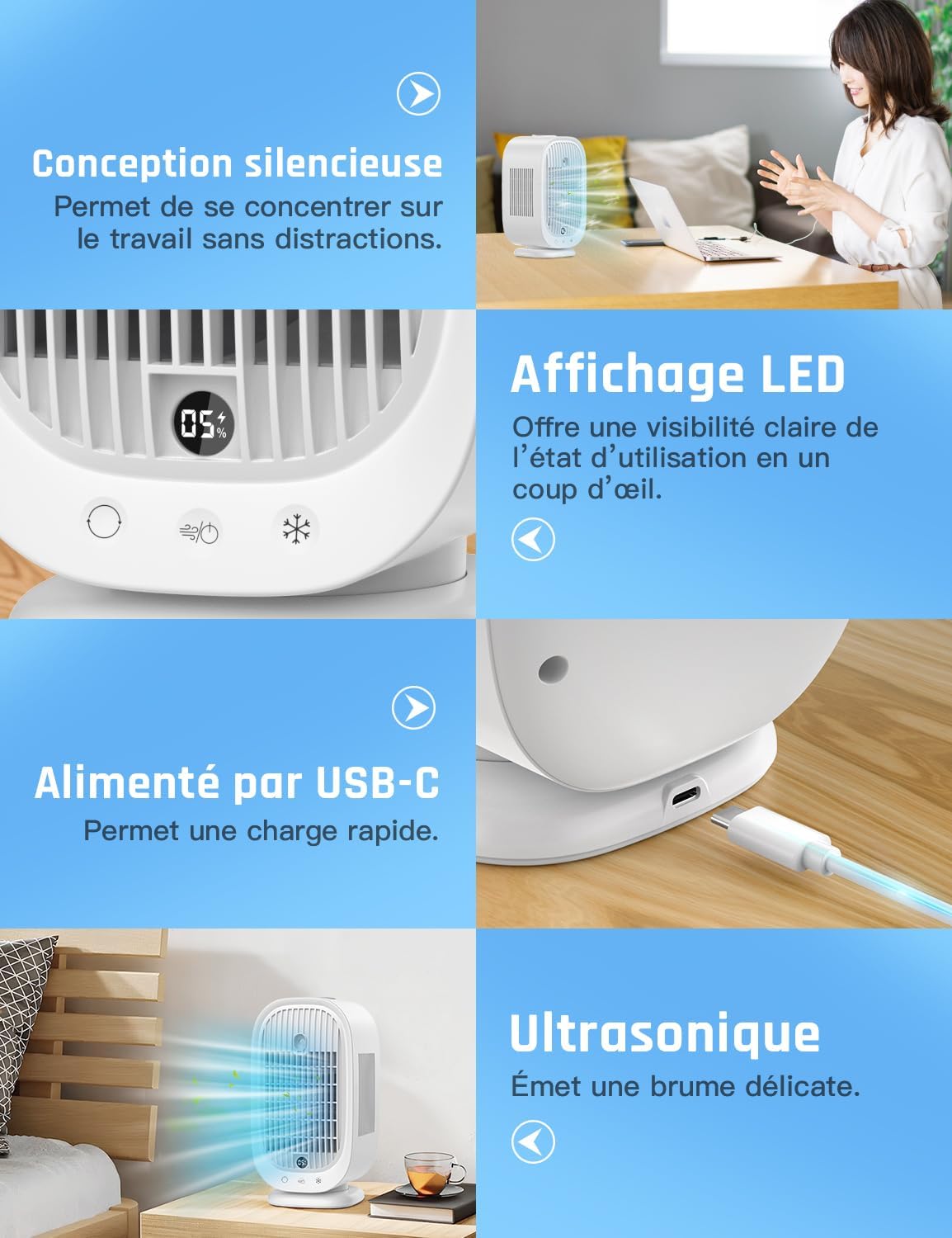  Climatiseur Mobile, Climatiseur Portable, Refroidisseur D'air 4 En 1, 45°/90°/120° Oscillation, 5 Vitesses, 2 Modes De Brume, Avec Affichage LED, Idéal Pour Maison, Bureau