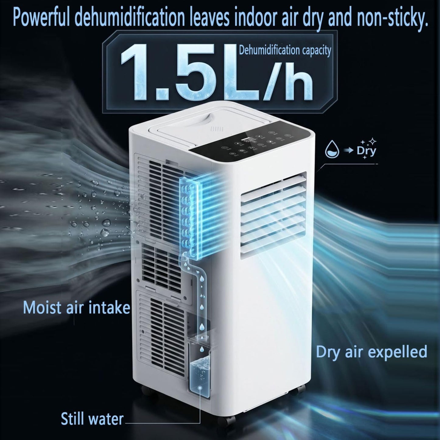  Climatiseur Portable Silencieux Smart AC Refroidit Jusqu'à 300 Sq.Ft.Unité Avec Ventilateur Et Déshumidificateur LED Affichage à Distance 24H Minuterie Kit D'installation Pour La Chambre à Coucher