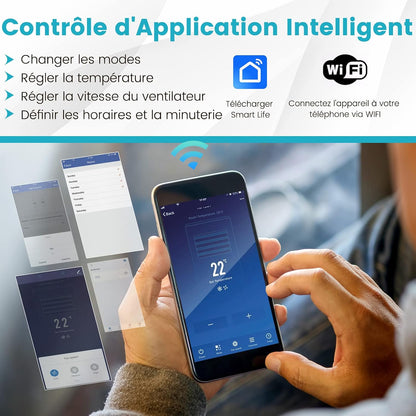  COSTWAY Climatiseur Mobile Silencieux 5 EN 1, Clim 14000BTU Refroidissement Rapide,Chauffage,Ventilateur,Déshumidificateur,Mode Nuit, Climatisation Faible Conso,Wifi