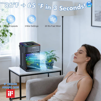  Climatiseur Portable, Unité 4 En 1 Silencieuse Et Portable Avec Télécommande, Refroidisseur D'air Par évaporation De Réservoir De 1100 Ml, 7 Couleurs De Lumière Pour Chambre, Bureau, Camping, Voiture