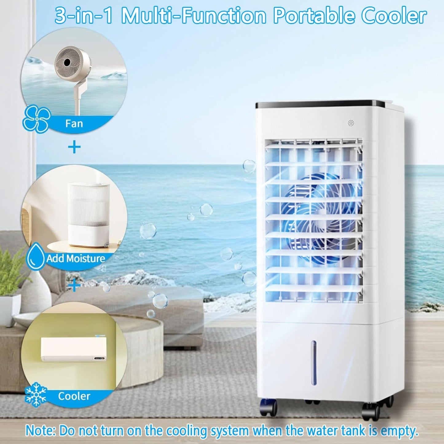 GENERIC Refroidisseur D'air évaporatif Portable Avec Oscillation à 90°, 3 Niveaux De Vitesse, 3 Modes De Fonctionnement, Minuterie De 15 Heures, Réservoir D'eau De 9 Litres Et Télécommande.Idéal Pour Chambre