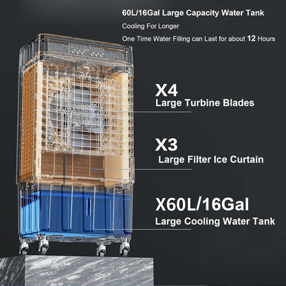  Air Conditioner Portable, Climatiseur Sans Conduit, Rafraichisseur D'air, Oscillation à 120°, TéLécommande, Réservoir De 60 L, Minuterie De 12 H, 4 Blocs Réfrigérants, 3 Vitesses, 3 Modes