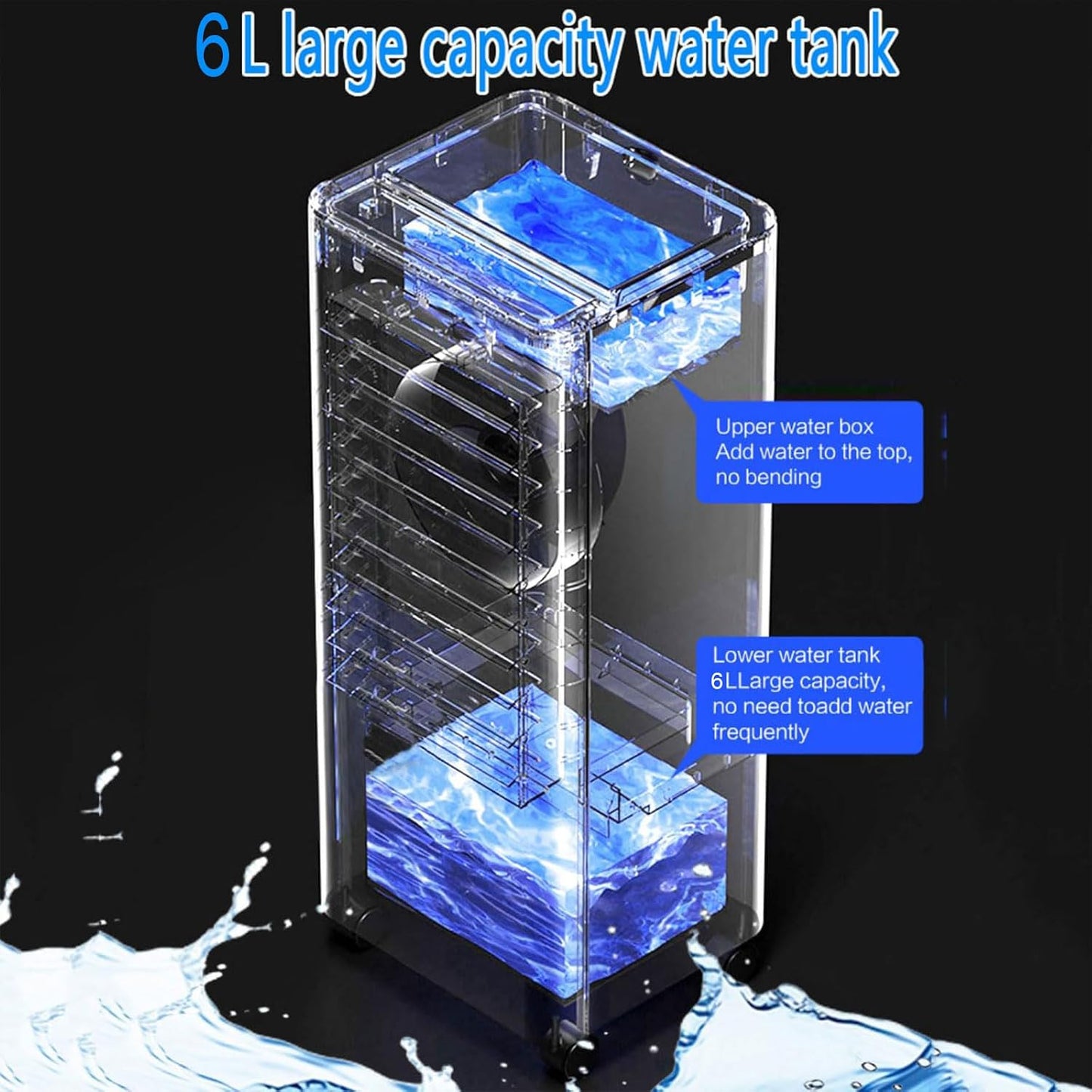 GENERIC Climatiseur Portable 3-en-1, Rafraîchisseur D’Air Évaporatif De 6L Avec Écran LED Et Oscillation à 90°, 3 Vitesses De Ventilation Réglables Et Minuterie De 7,5H, Ventilateur à Air Froid Pour Ma Black