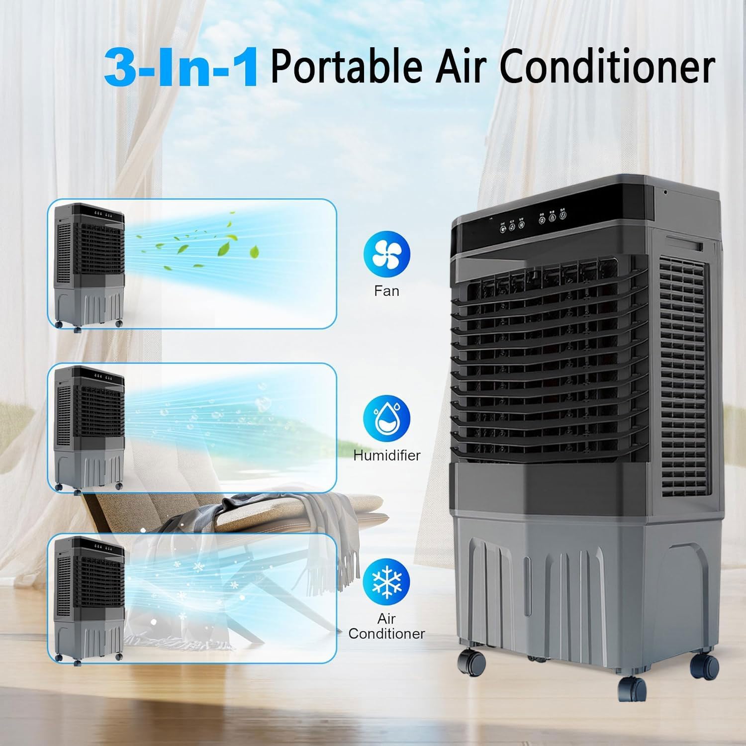GENERIC Ventilateur De Refroidisseur D'air Portable Avec Boîtes à Glace, 3 Vitesses, Humidificateur Oscillant Pour Bureau De Chambre, Refroidissement Par évaporation Silencieux Avec Minuterie Et Roues