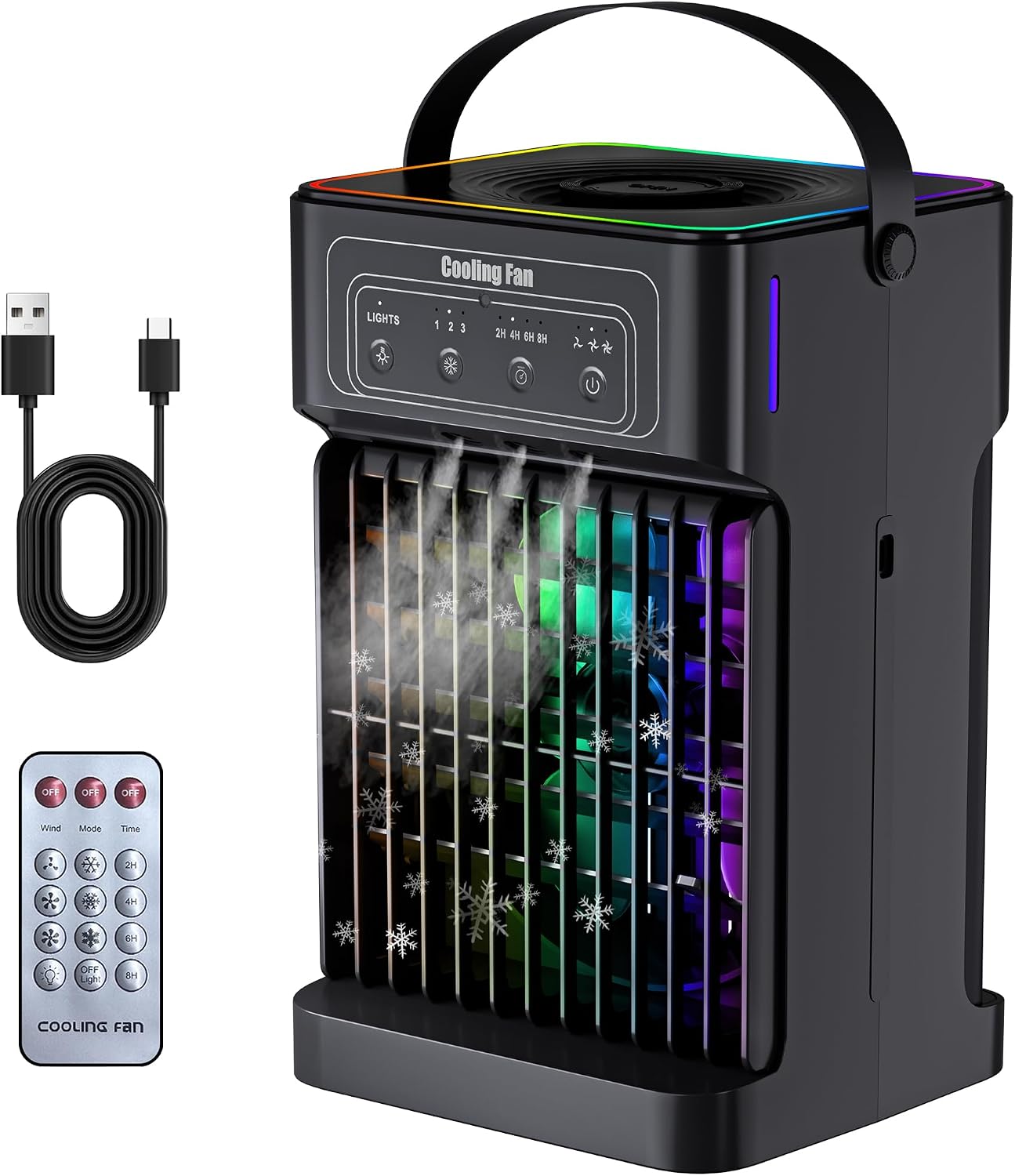  Climatiseur Portable, Unité 4 En 1 Silencieuse Et Portable Avec Télécommande, Refroidisseur D'air Par évaporation De Réservoir De 1100 Ml, 7 Couleurs De Lumière Pour Chambre, Bureau, Camping, Voiture