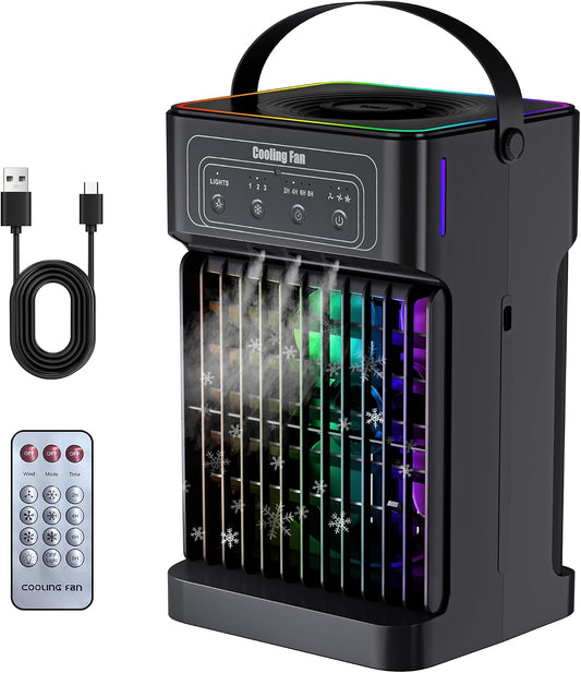  Climatiseur Portable, Unité 4 En 1 Silencieuse Et Portable Avec Télécommande, Refroidisseur D'air Par évaporation De Réservoir De 1100 Ml, 7 Couleurs De Lumière Pour Chambre, Bureau, Camping, Voiture