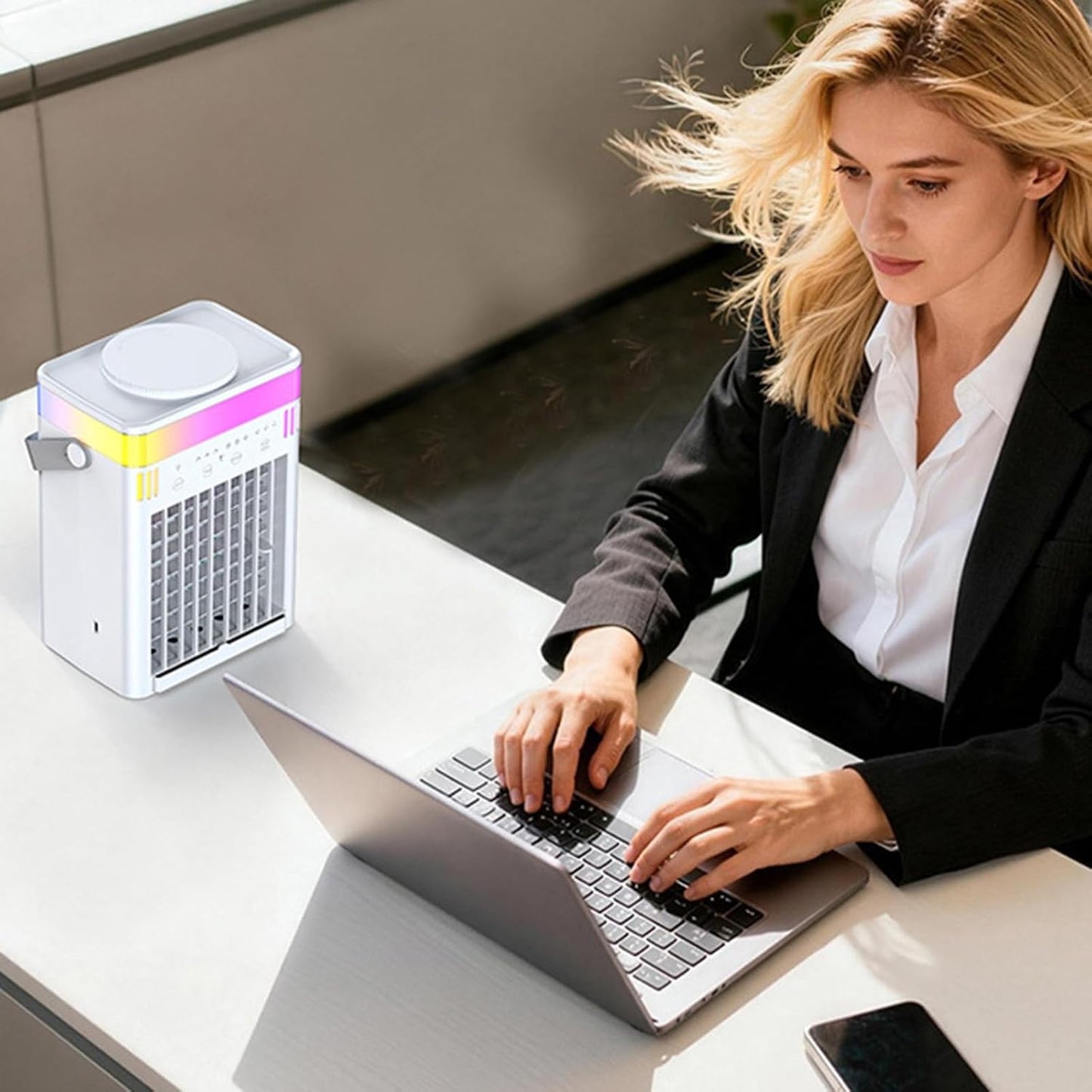 Climatiseur Mobile Silencieux Refroidisseur D'Air Avec 3 Niveaux De Flux, 3 Modes De Brumisation, Minuterie 2/4/8H Éclairage RGB Alimentation Mini Ventilateur Portable USB Pour Chambre Bureau Voiture