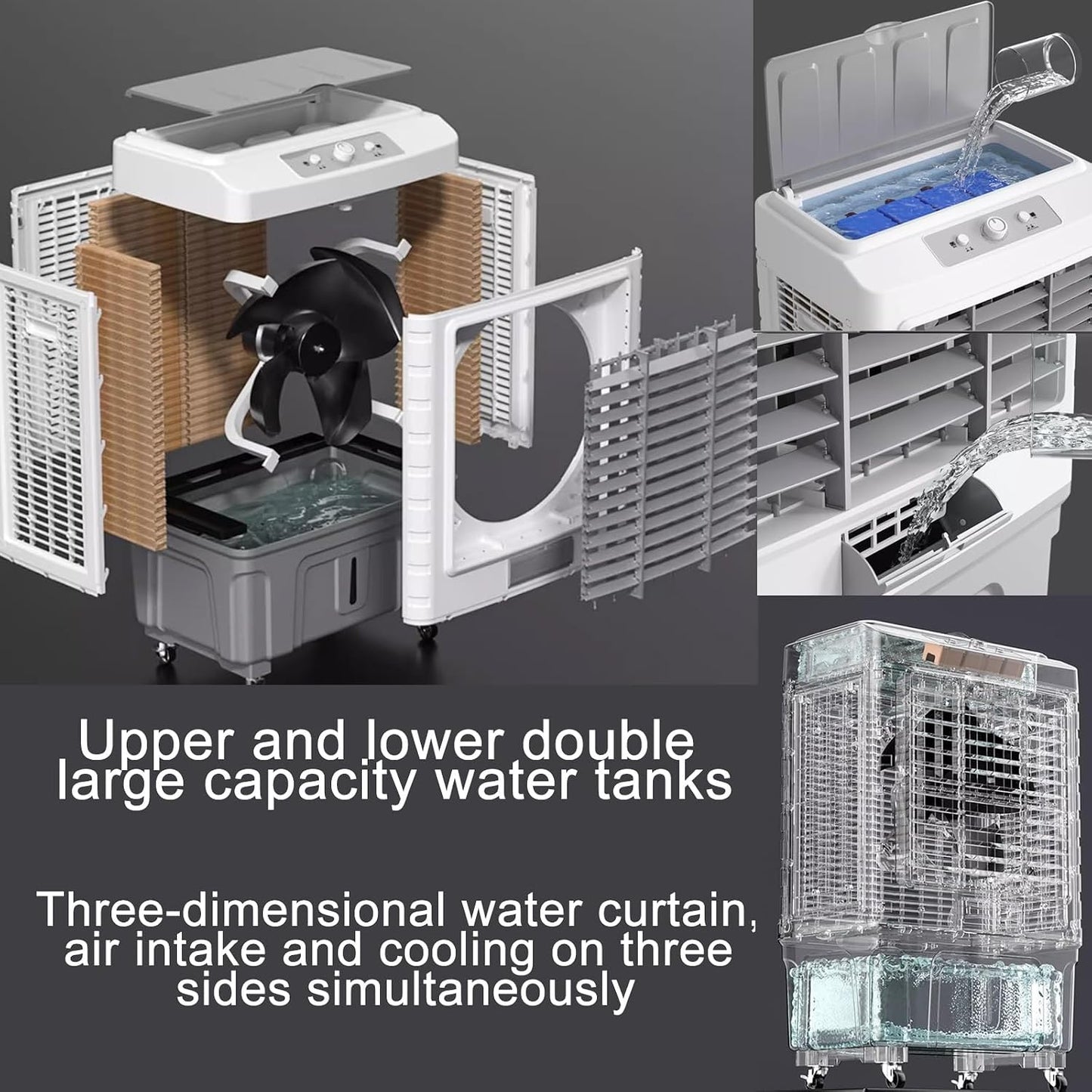  Climatiseur Portable Avec 6 Compartiments à Glace, Rafraîchisseur D'air évaporatif 3 En 1, Humidificateur Et Ventilateur, Grand Réservoir D'eau De 55 L, Diffusion D'air G