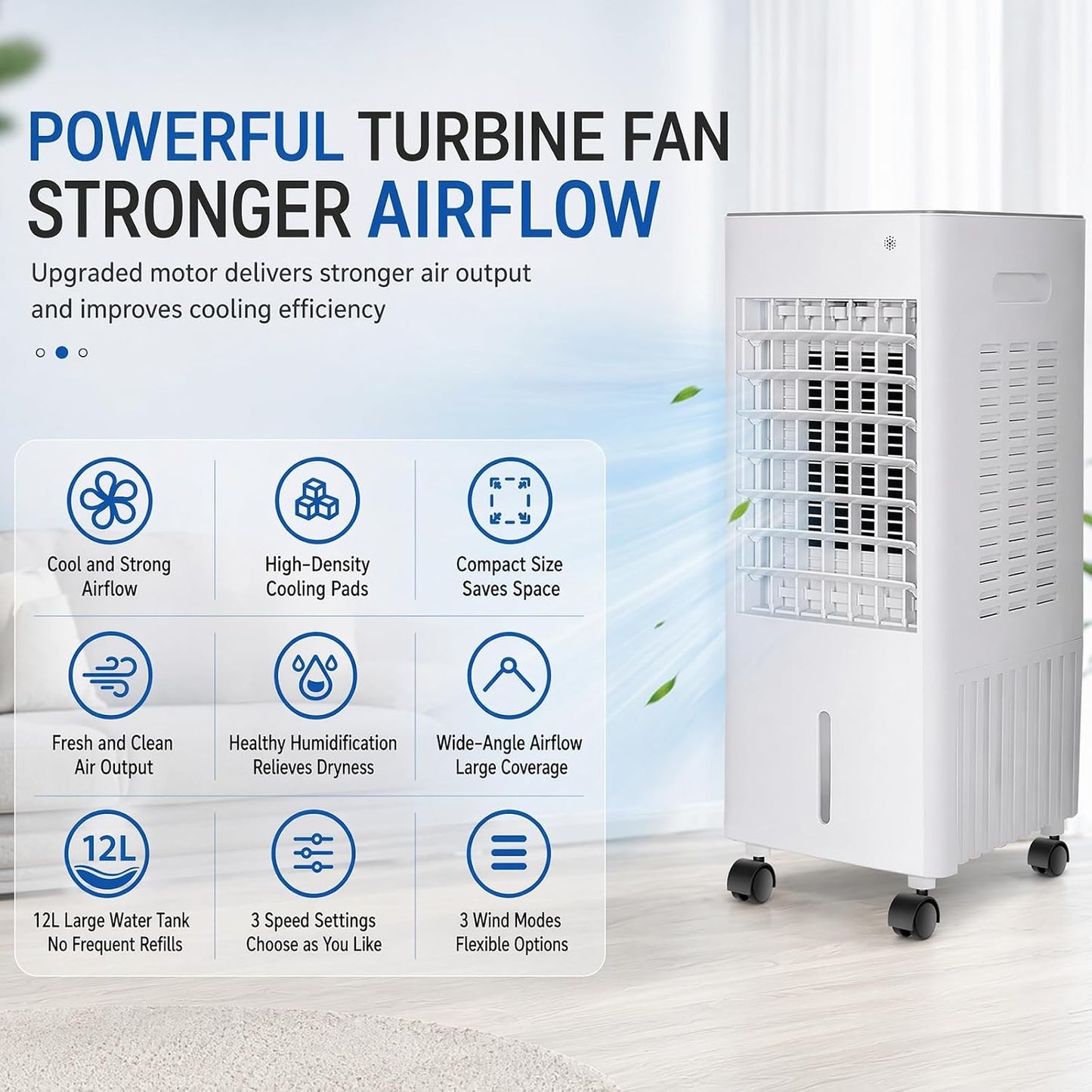  Climatiseur Mobile 4 En 12L Sans Tuyau D’Évacuation,Climatiseur Portable Silencieux Climatiseur,avec 4 Blocs Réfrigérants,3 Vitesses,Minuterie 12H,Humidificateur Télécommande,Salon,Bureau