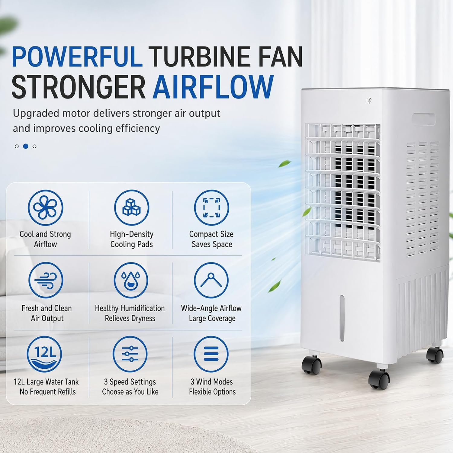  Climatiseur Mobile 4 En 12L Sans Tuyau D’Évacuation,Climatiseur Portable Silencieux Climatiseur,avec 4 Blocs Réfrigérants,3 Vitesses,Minuterie 12H,Humidificateur Télécommande,Salon,Bureau