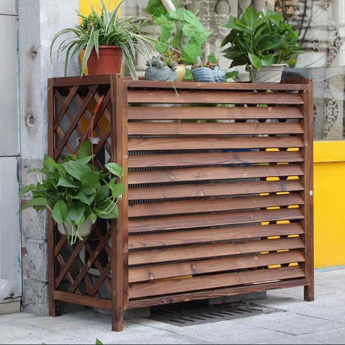 GENERIC Housse En Bois Pour Climatiseur – Clôture à Persiennes D'extérieur Avec Stores En Bois Massif Et Support De Fleurs 4 (taille XL : L 120 X L 57 X H)