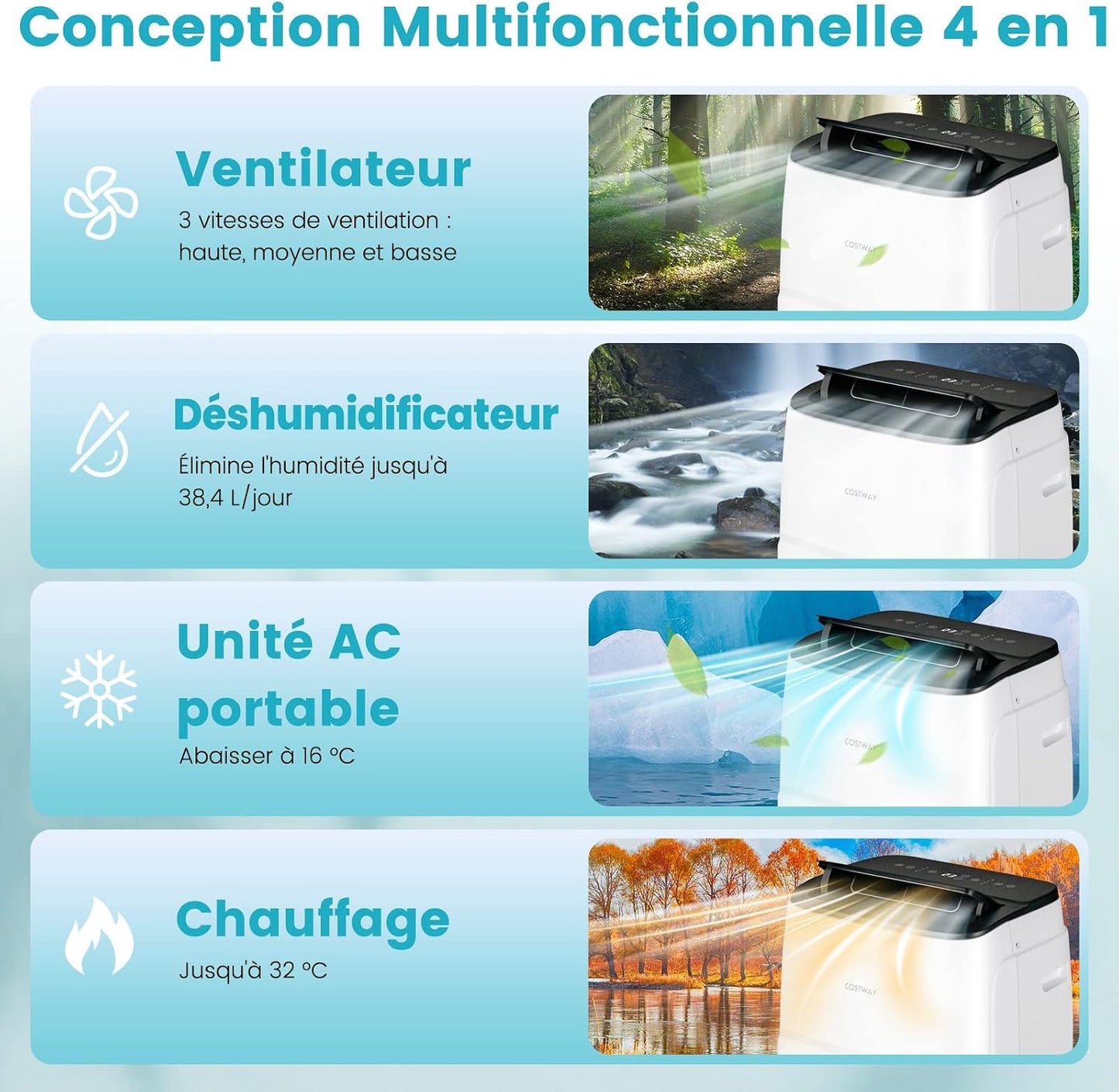  COSTWAY Climatiseur Mobile Silencieux 5 EN 1, Clim 14000BTU Refroidissement Rapide,Chauffage,Ventilateur,Déshumidificateur,Mode Nuit, Climatisation Faible Conso,Wifi
