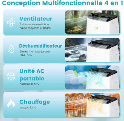  COSTWAY Climatiseur Mobile Silencieux 5 EN 1, Clim 14000BTU Refroidissement Rapide,Chauffage,Ventilateur,Déshumidificateur,Mode Nuit, Climatisation Faible Conso,Wifi