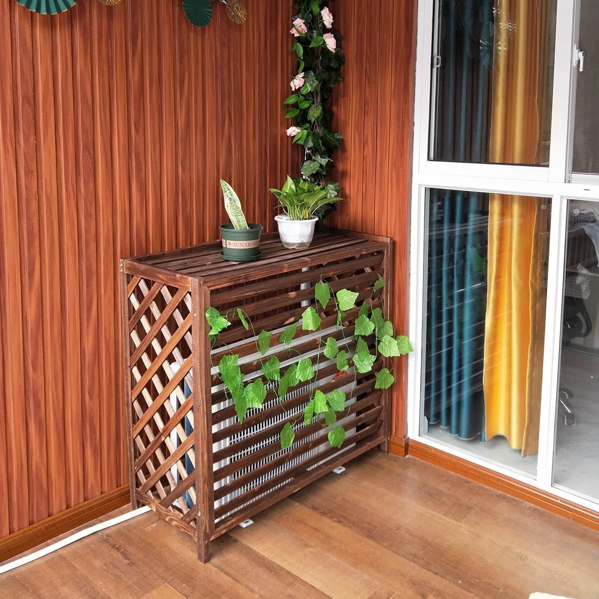 GENERIC Housse En Bois Pour Climatiseur – Clôture à Persiennes D'extérieur Avec Stores En Bois Massif Et Support De Fleurs 4 (taille XL : L 120 X L 57 X H)