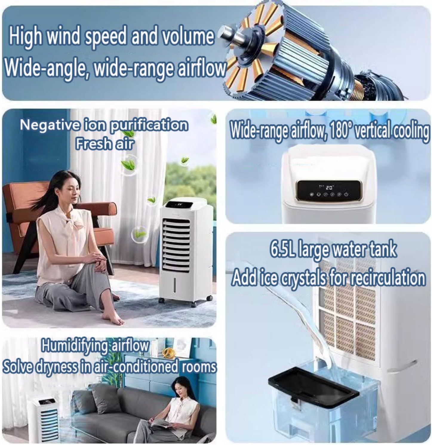 GENERIC Climatiseur Mobile Portable Rafraîchisseur D‘Air 6.5L Ventilateur Humidificateur 3 Vitesses 120° Oscillation Automatique Minuterie Télécommande-Refroidisseur D‘Air Par évaporation Mobile Et Puissant