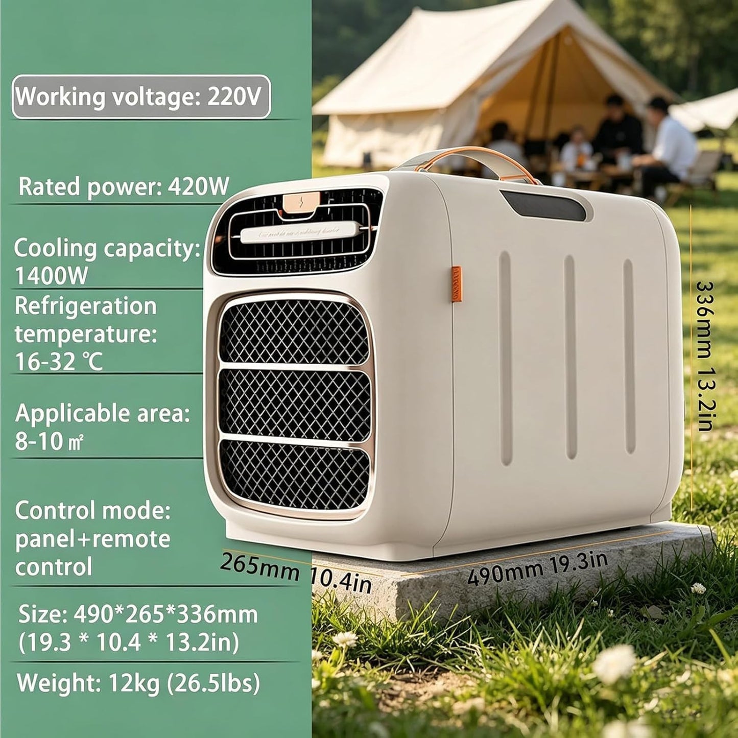  Climatiseur Portable 4800BTU, Silencieux ≤40dB, Refroidissement & Chauffage 16-32°C, Compresseur Intégré,Coque ABS Durable, Pour Tente Camping-Car Caravane Fourgon Cooling&Heating