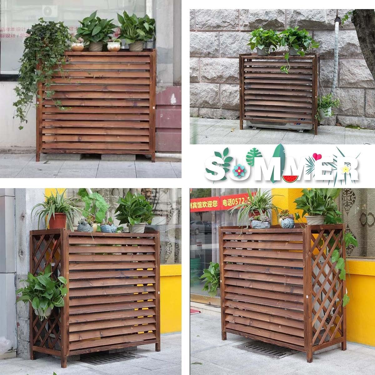 GENERIC Housse En Bois Pour Climatiseur – Clôture à Persiennes D'extérieur Avec Stores En Bois Massif Et Support De Fleurs 4 (taille XL : L 120 X L 57 X H)