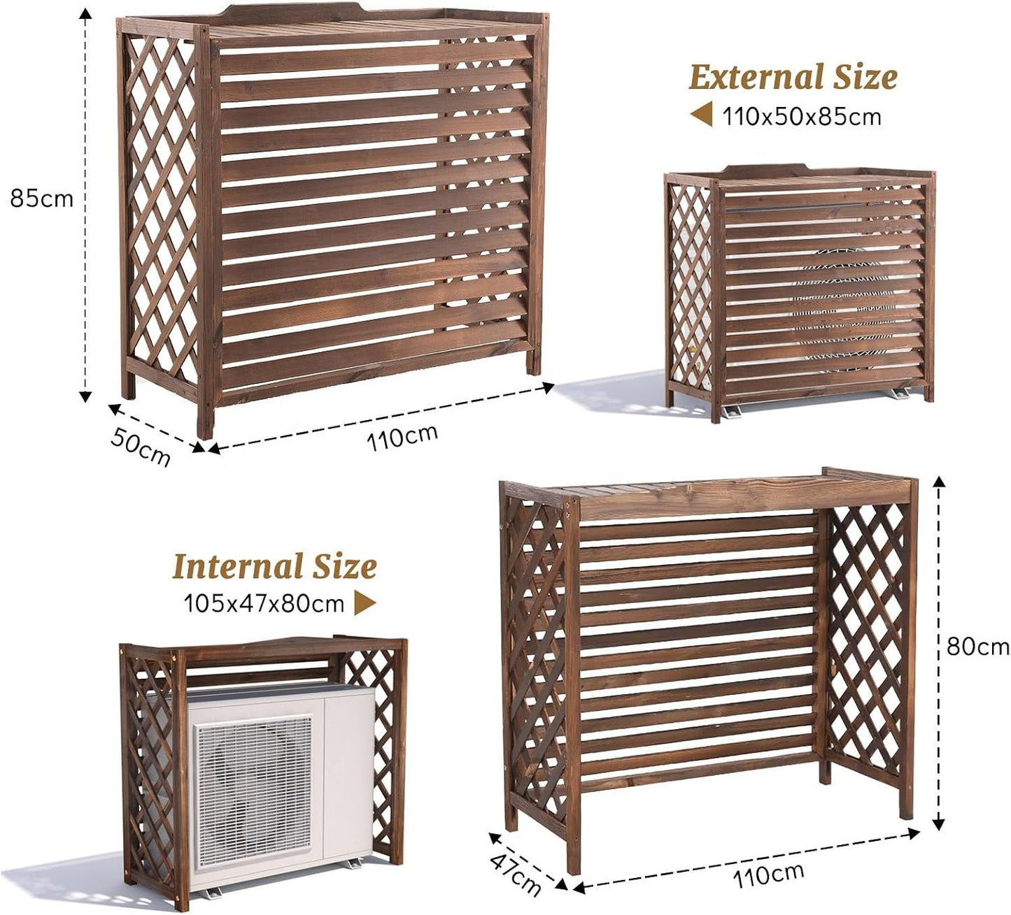  Marron Cache Clim Bois Cache Climatiseur Extérieur Bois Cache Pompe A Chaleur Extérieur Bois Pour Cacher Climatisation Support De Fleur Anti-Corrosion Support De Climatiseur Pour Jardin(110x50x85cm)
