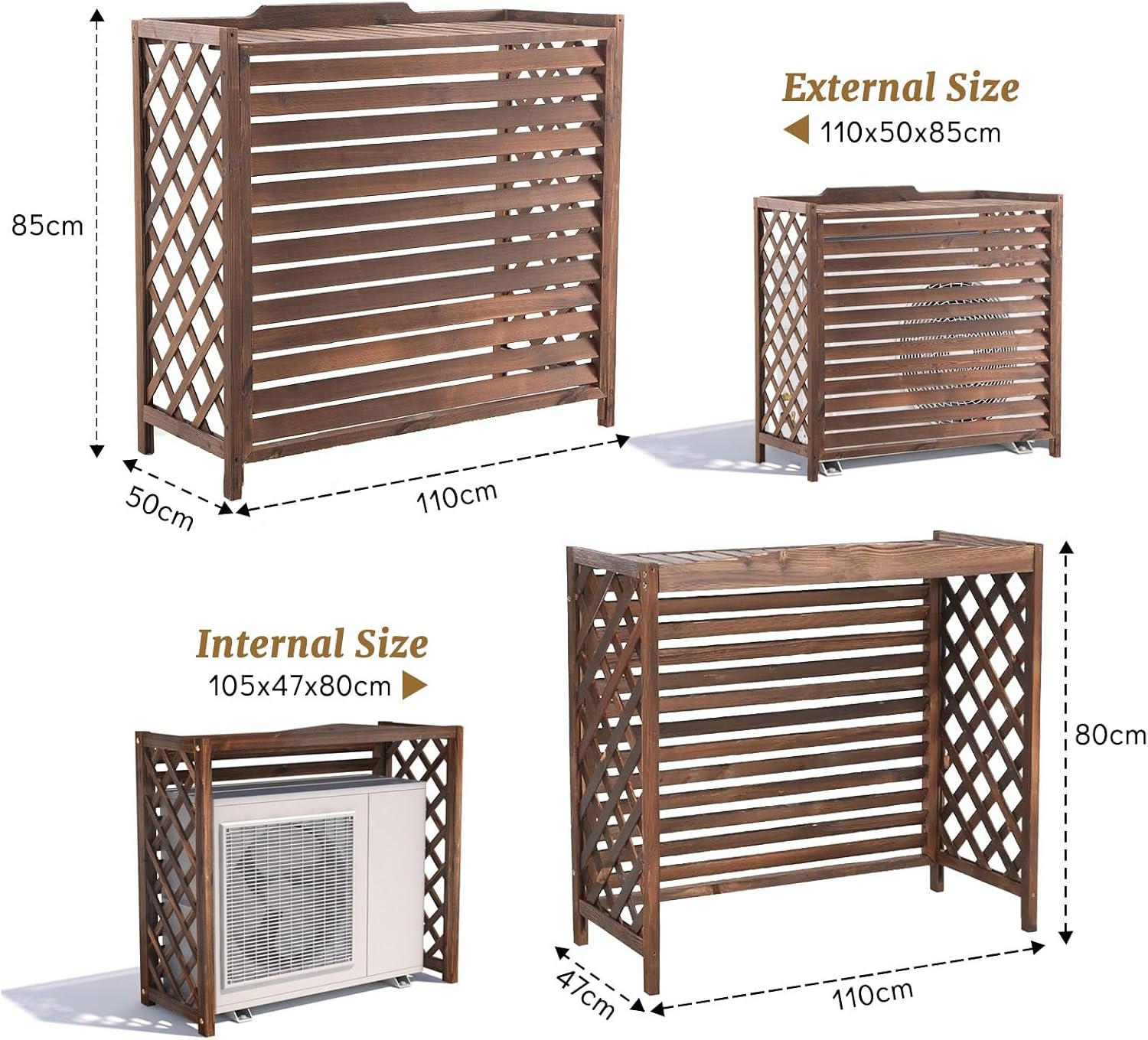  Marron Cache Clim Bois Cache Climatiseur Extérieur Bois Cache Pompe A Chaleur Extérieur Bois Pour Cacher Climatisation Support De Fleur Anti-Corrosion Support De Climatiseur Pour Jardin(110x50x85cm)