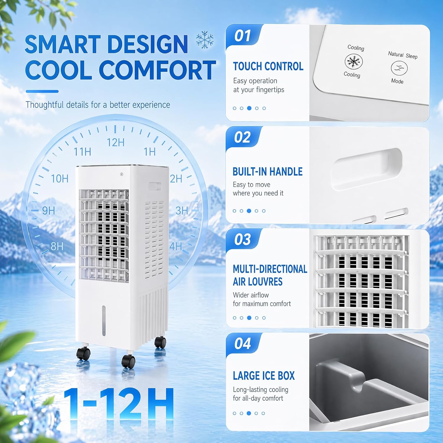  Climatiseur Mobile 4 En 12L Sans Tuyau D’Évacuation,Climatiseur Portable Silencieux Climatiseur,avec 4 Blocs Réfrigérants,3 Vitesses,Minuterie 12H,Humidificateur Télécommande,Salon,Bureau