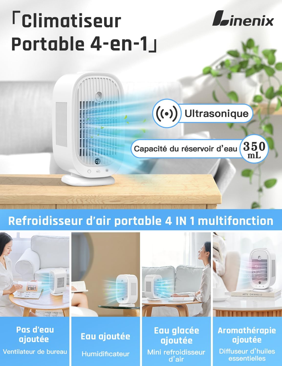 Climatiseur Mobile, Climatiseur Portable, Refroidisseur D'air 4 En 1, 45°/90°/120° Oscillation, 5 Vitesses, 2 Modes De Brume, Avec Affichage LED, Idéal Pour Maison, Bureau